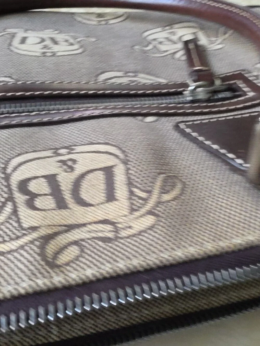 DB Patterned Canvas Satchel with Brown Leather Trim